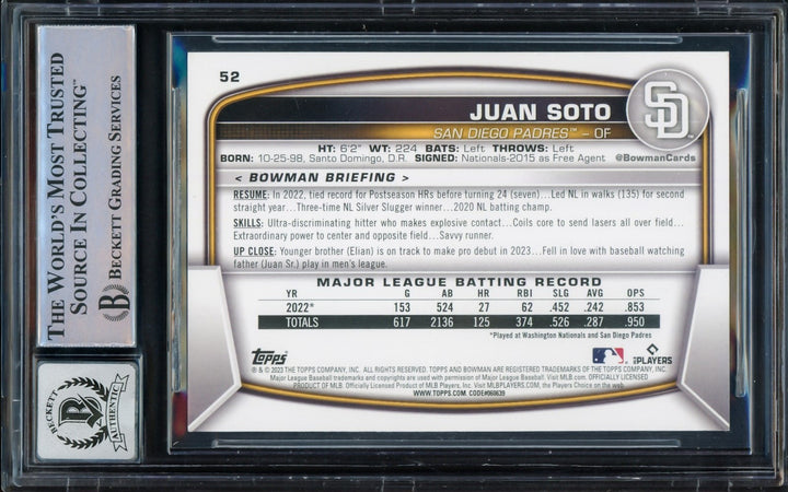 Juan Soto Signed 2023 Bowman Card 52 New York Mets Auto GM 10 Beckett