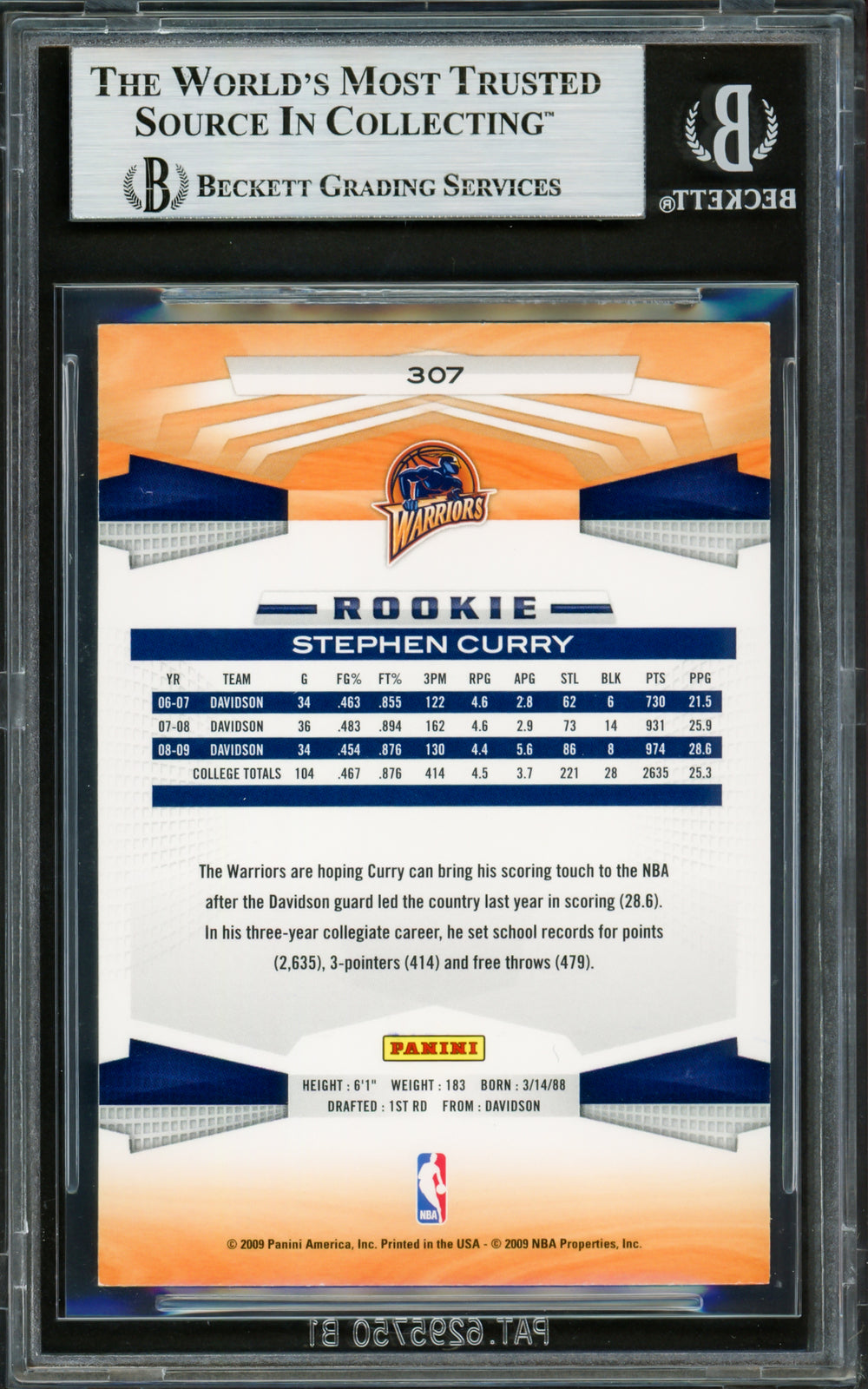 Stephen Curry Signed 2009-10 Panini RC 307 Warriors Beckett #16713301