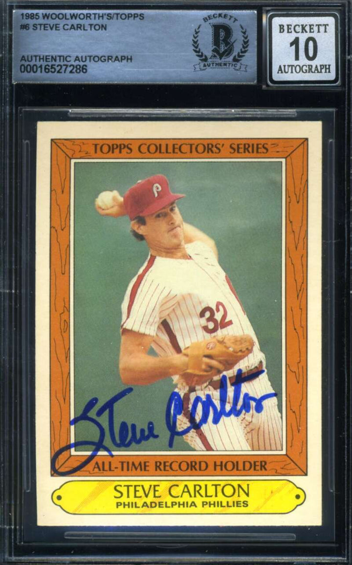 Steve Carlton Gem Mint 10 Beckett BAS Signed 1985 Topps Woolworths Autographed