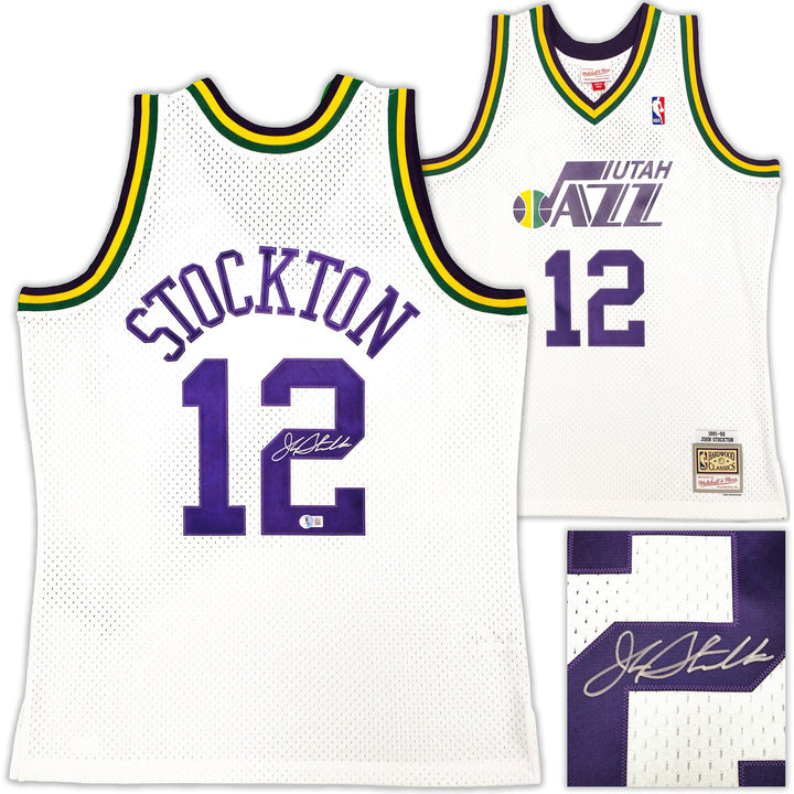 Jazz John Stockton Auto White AUTH Mitchell Ness 91-92 HWC Swingman Jersey L BAS