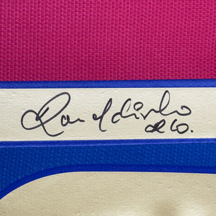 Framed Autographed/Signed Ronaldinho 35x39 Barcelona Blue/Red Jersey Beckett COA