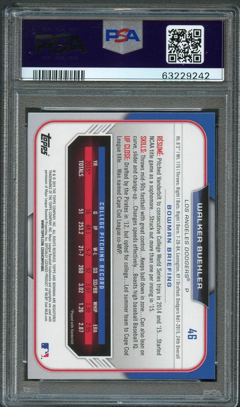 2015 Bowman Draft #46 Walker Buehler Signed Card PSA Slabbed Auto Grade 10 Dodge