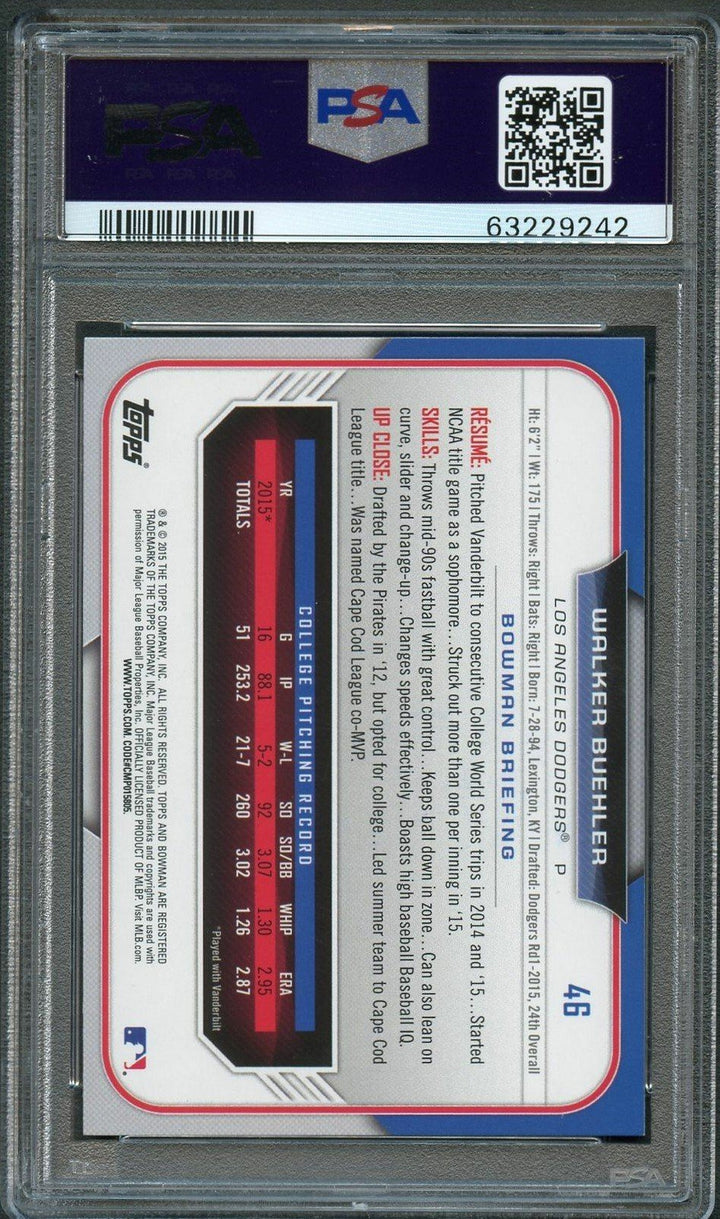 2015 Bowman Draft #46 Walker Buehler Signed Card PSA Slabbed Auto Grade 10 Dodge