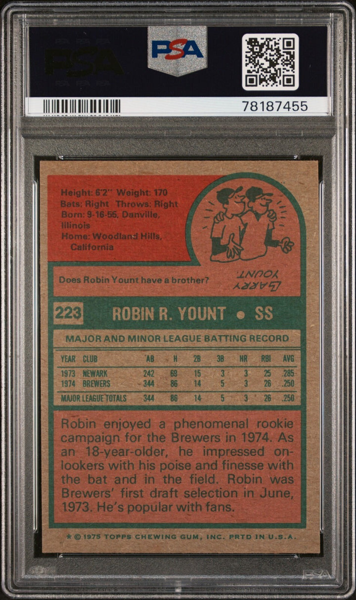 Robin Yount 1975 Topps Rookie Card (RC) #223- PSA Graded 4 VG-EX (Brewers/HOF)