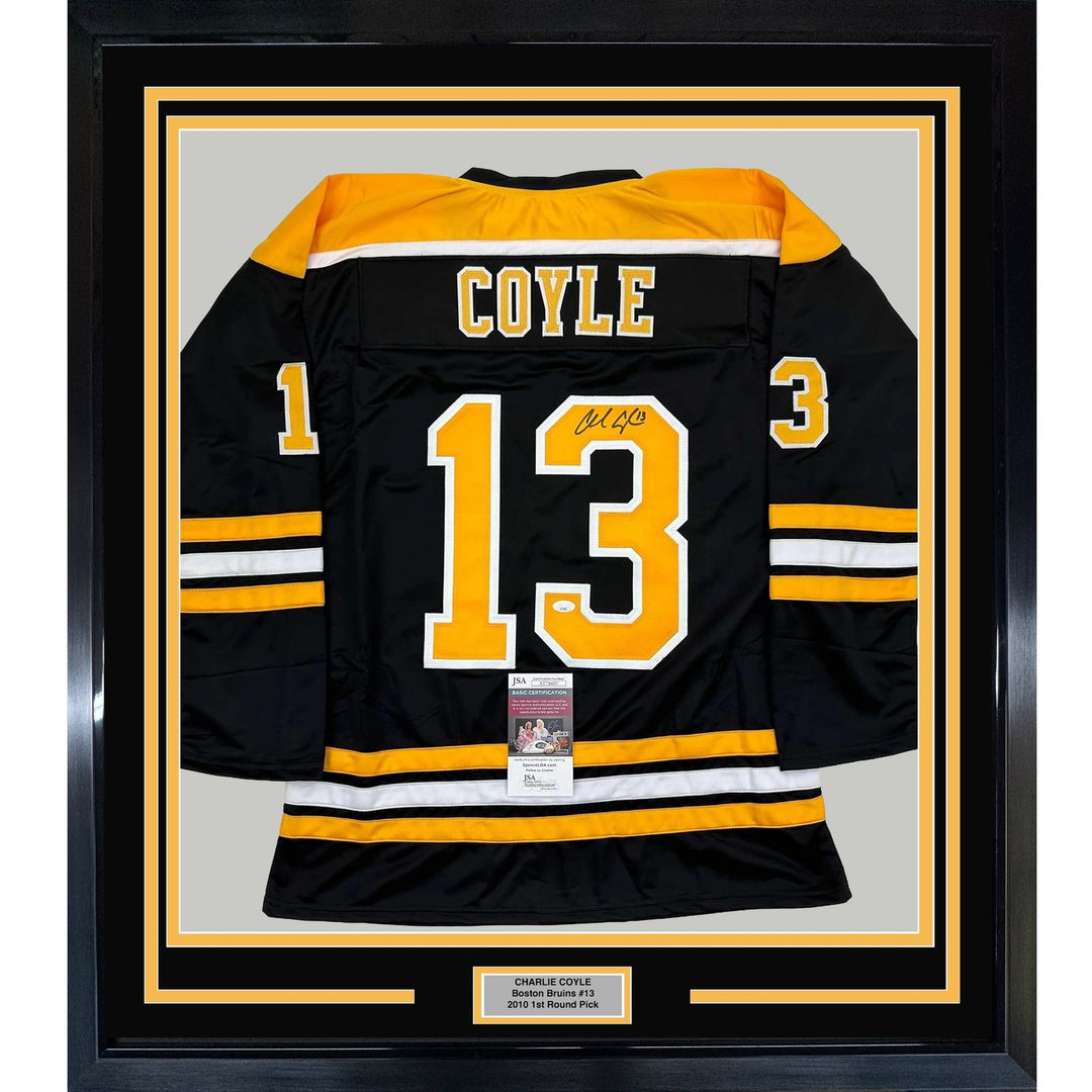 Framed Autographed/Signed Charlie Coyle 35x39 Boston Black Jersey JSA COA