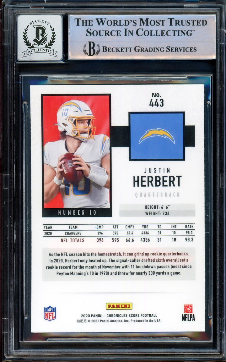 Justin Herbert Signed 2020 Score RC 443 Los Angeles Chargers Auto GM 10 Beckett