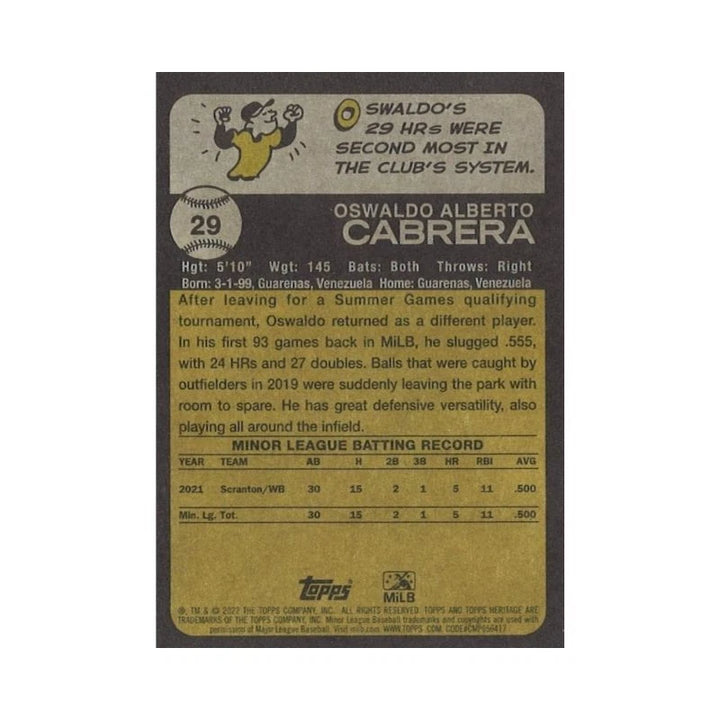 Oswaldo Cabrera New York Yankees Autographed 2022 Topps Heritage Minor League (CX Auth)