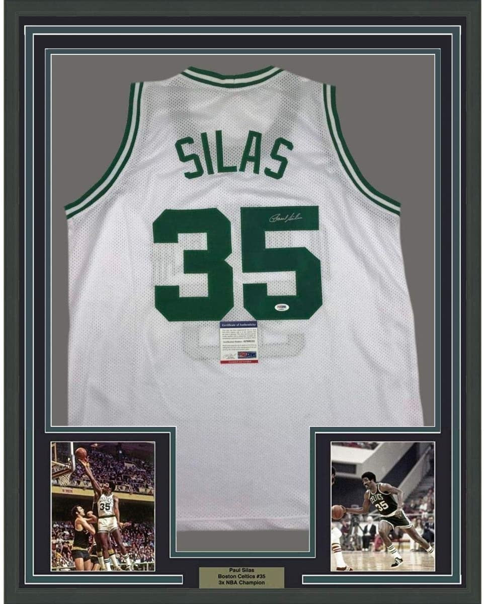 Framed Autographed/Signed Paul Silas 35x39 Boston White Jersey PSA/DNA COA