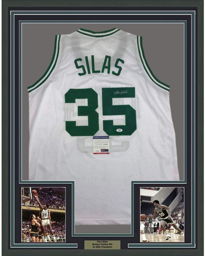 Framed Autographed/Signed Paul Silas 35x39 Boston White Jersey PSA/DNA COA