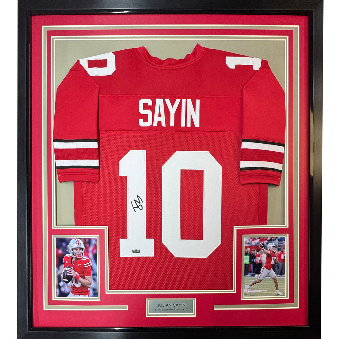 Framed Facsimile Autographed Julian Sayin 35x39 Red Reprint Laser Auto Jersey