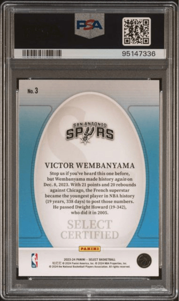 Graded 2023 Select Victor Wembanyama #3 Certified Rookie Basketball Card PSA 10