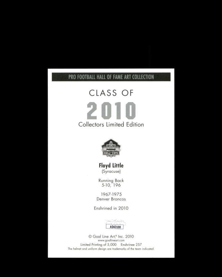Floyd Little JSA Coa Signed HOF 2010 Goal Line Art Card GLAC Autograph