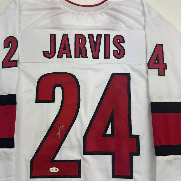 Autographed/Signed Seth Jarvis Carolina White Hockey Jersey JSA COA