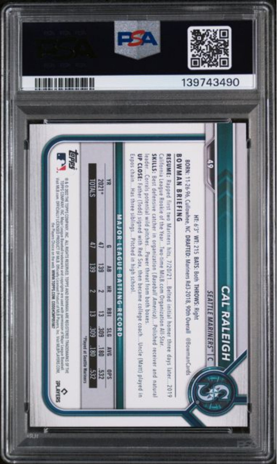 Graded 2022 Topps Bowman Cal Raleigh #49 Rookie RC Baseball Card PSA 10 Gem Mint