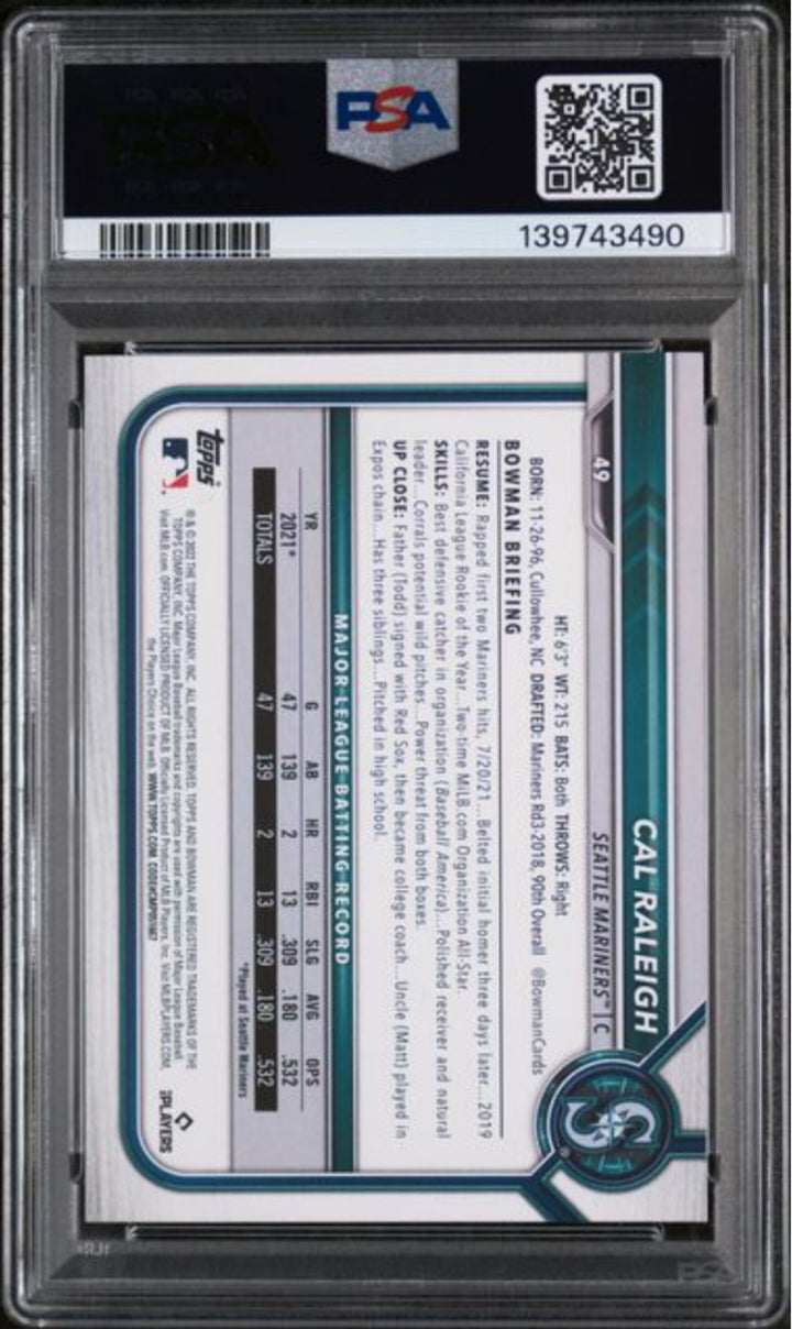 Graded 2022 Topps Bowman Cal Raleigh #49 Rookie RC Baseball Card PSA 10 Gem Mint