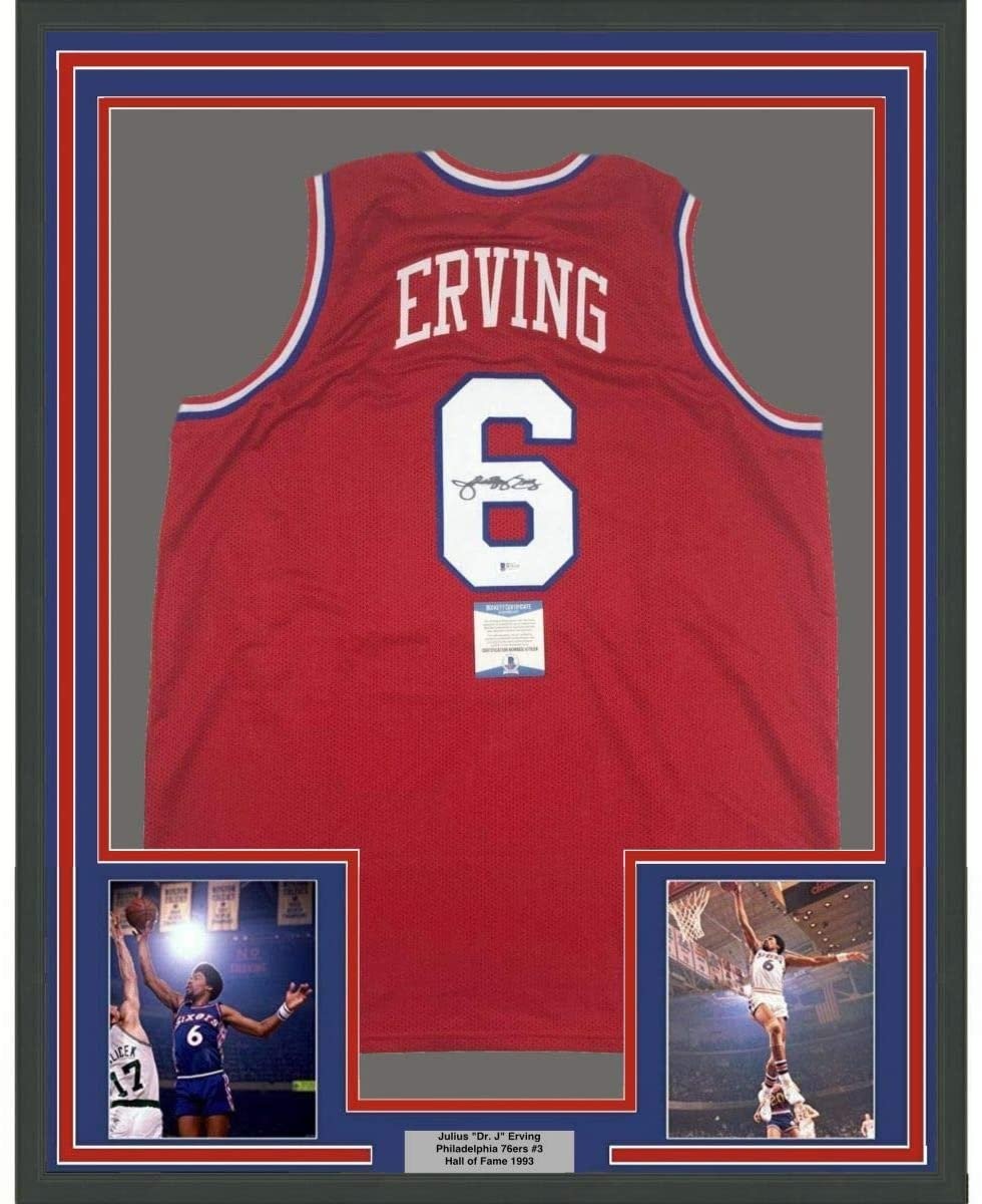 Framed Signed Julius Erving Dr. J 35x39 Philadelphia Red Jersey BAS COA