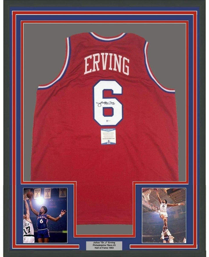 Framed Signed Julius Erving Dr. J 35x39 Philadelphia Red Jersey BAS COA