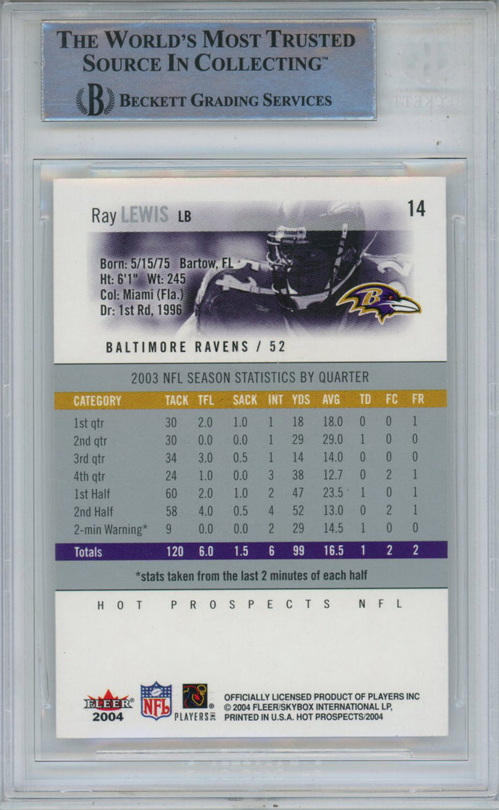 Ray Lewis Autographed 2004 Hot Prospects #14 Trading Card Beckett Slab 43356