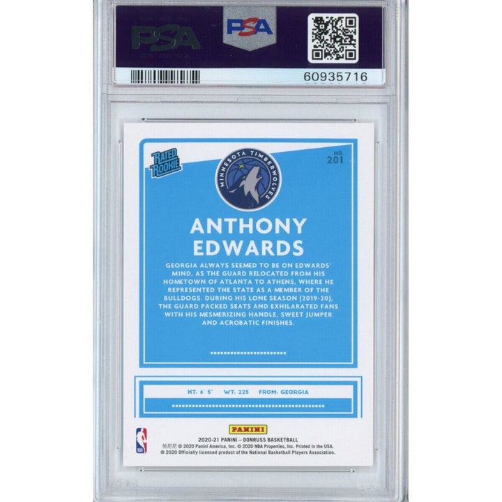 Graded 2020-21 Panini Donruss ANTHONY EDWARDS #201 Rated Rookie RC Card PSA 10