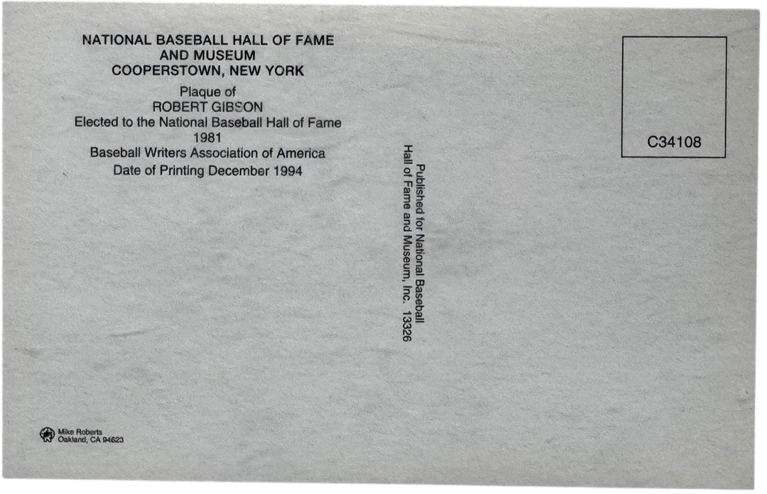 Bob Gibson Autographed Hall of Fame Plaque Postcard
