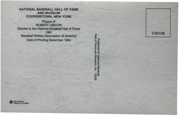 Bob Gibson Autographed Hall of Fame Plaque Postcard
