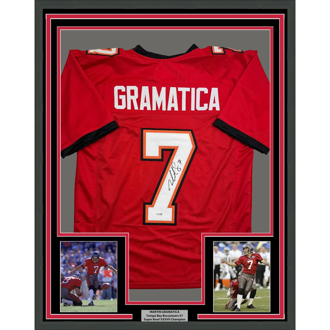 Framed Autographed/Signed Martin Gramatica 35x39 Tampa Bay Red Jersey JSA COA