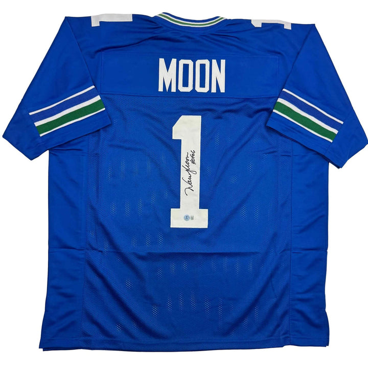 Autographed/Signed Warren Moon HOF 06 Seattle Blue Retro Jersey Beckett BAS COA