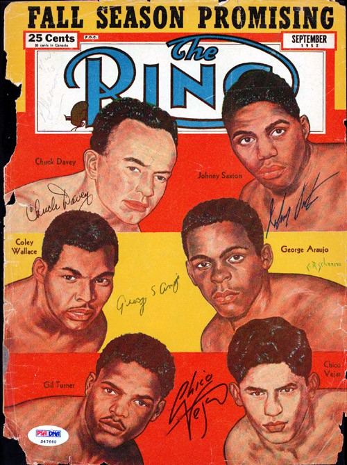 Chuck Davey, Johnny Saxton, George Araujo, Vejar Auto Ring Magazine Cover PSA