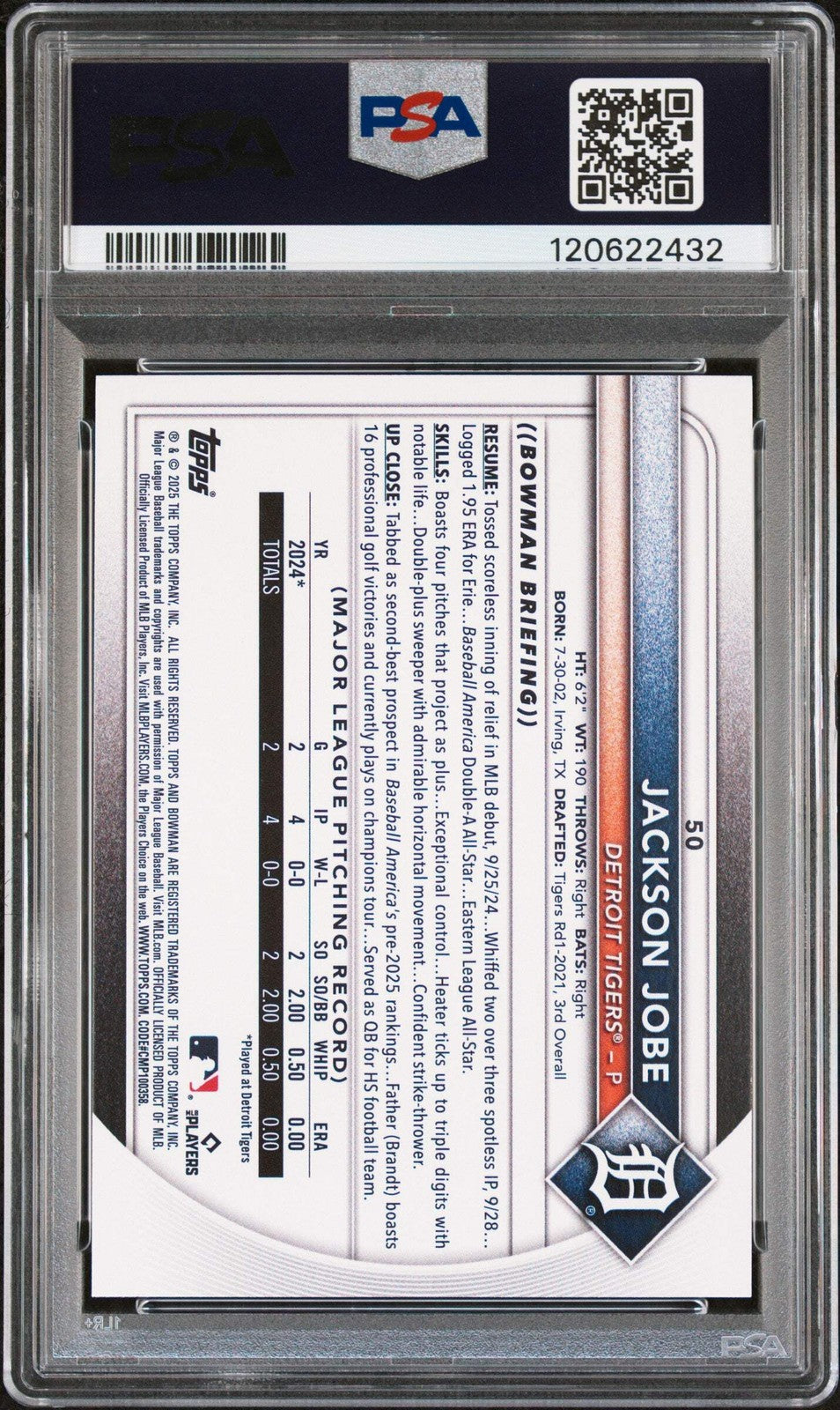 Graded 2025 Topps Bowman Jackson Jobe #50 Rookie Baseball Card PSA 10 Gem Mint