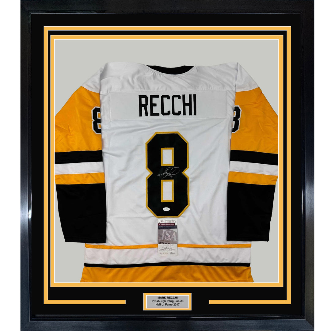 Framed Autographed/Signed Mark Recchi 33x42 Pittsburgh White Jersey JSA COA
