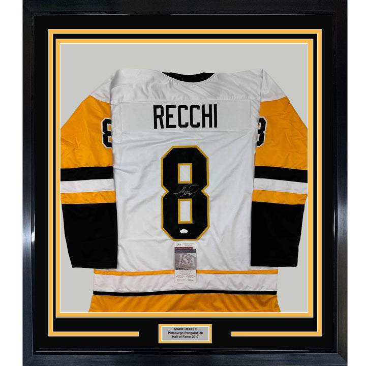 Framed Autographed/Signed Mark Recchi 33x42 Pittsburgh White Jersey JSA COA