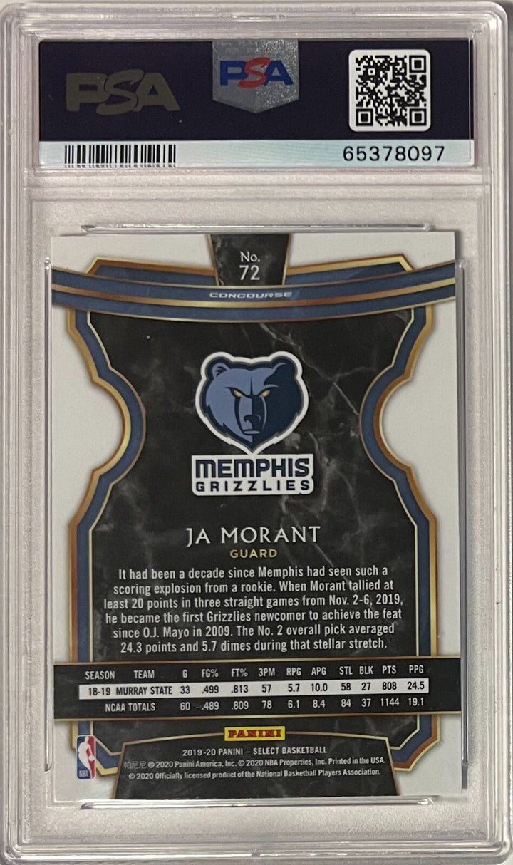 Ja Morant 2019-20 Panini Select Rookie Card (RC) #72- PSA Graded 10 Gem Mint