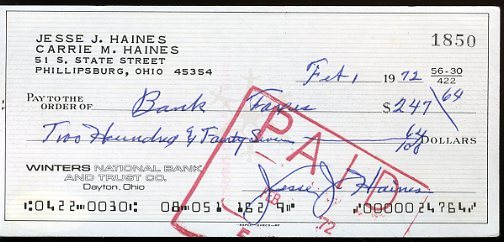 Jesse Haines Jsa Certified Signed Check Autograph Authentic
