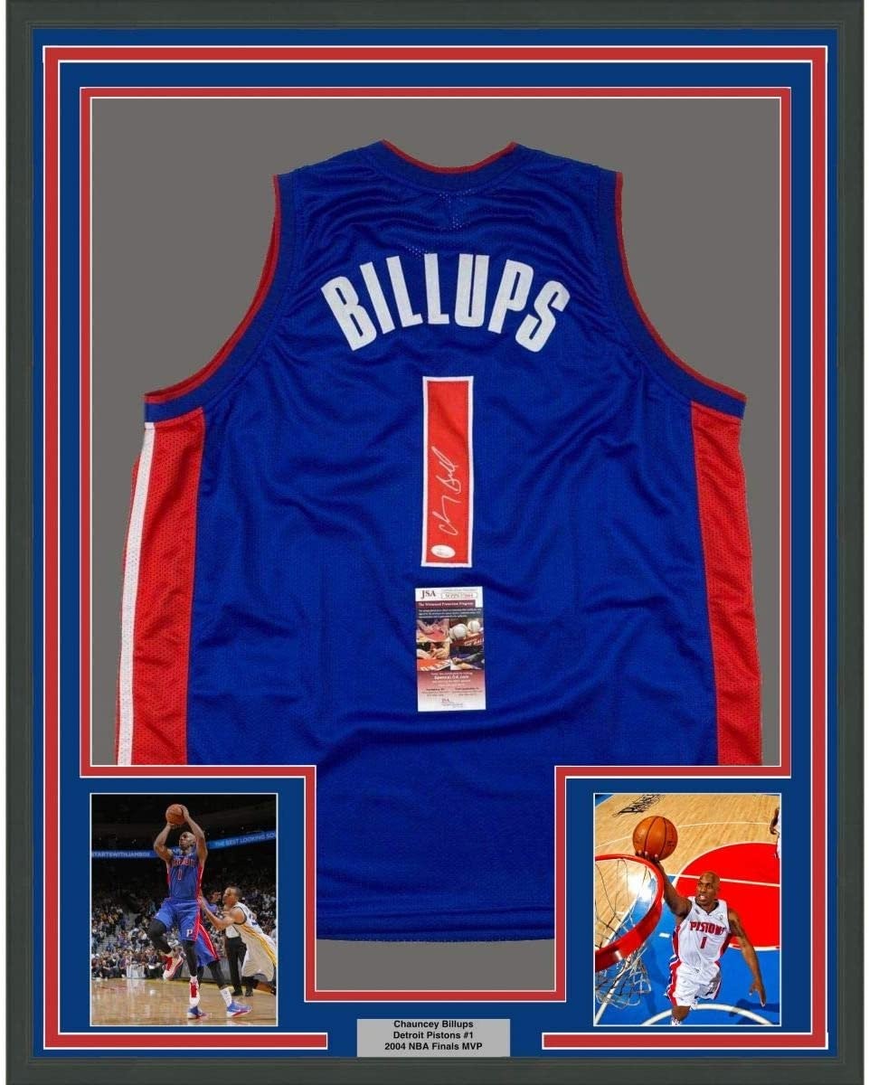 Framed Signed Chauncey Billups 35x39 Detroit Blue Jersey JSA COA