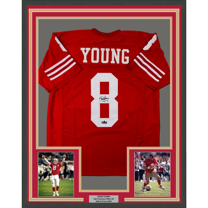 Framed Facsimile Autographed Steve Young 33x42 Red Reprint Laser Auto Jersey