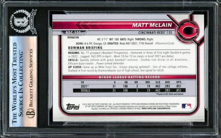 Matt McLain Autographed 2022 Bowman Draft Chrome Refractor RC Beckett 16176307