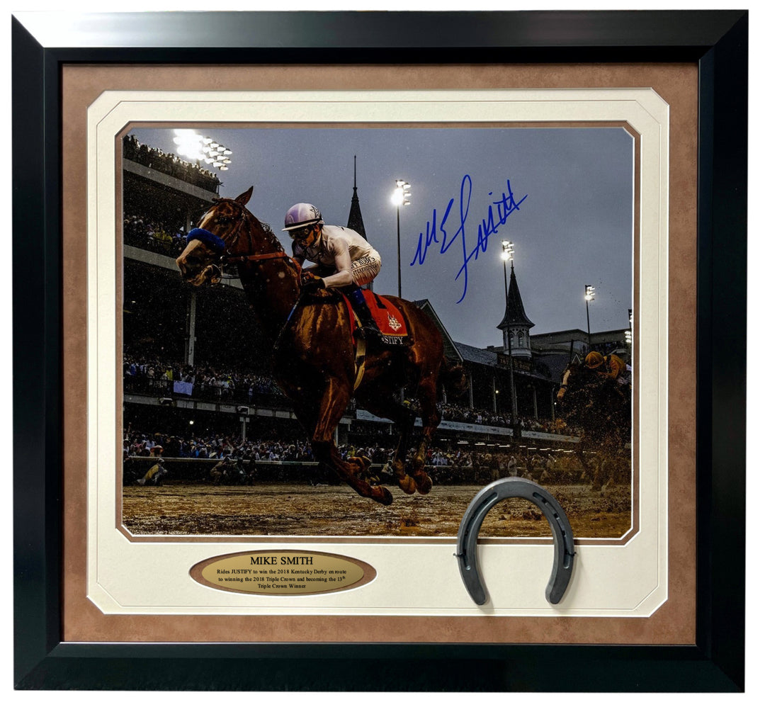 Mike Smith Signed Justify 16x20 Photo Framed Steiner COA Kentucky Derby 2018