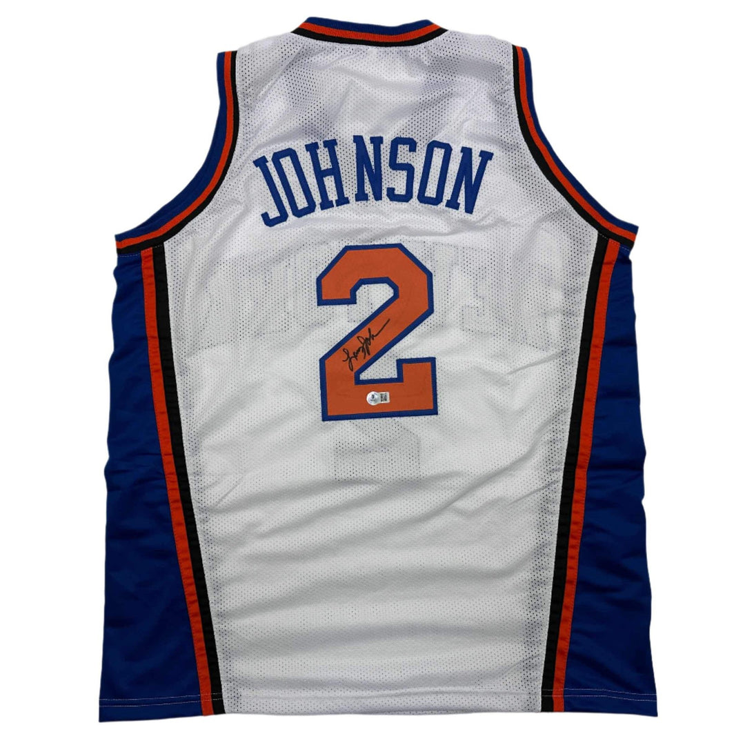 Autographed/Signed Larry Johnson New York White Basketball Jersey JSA COA Auto