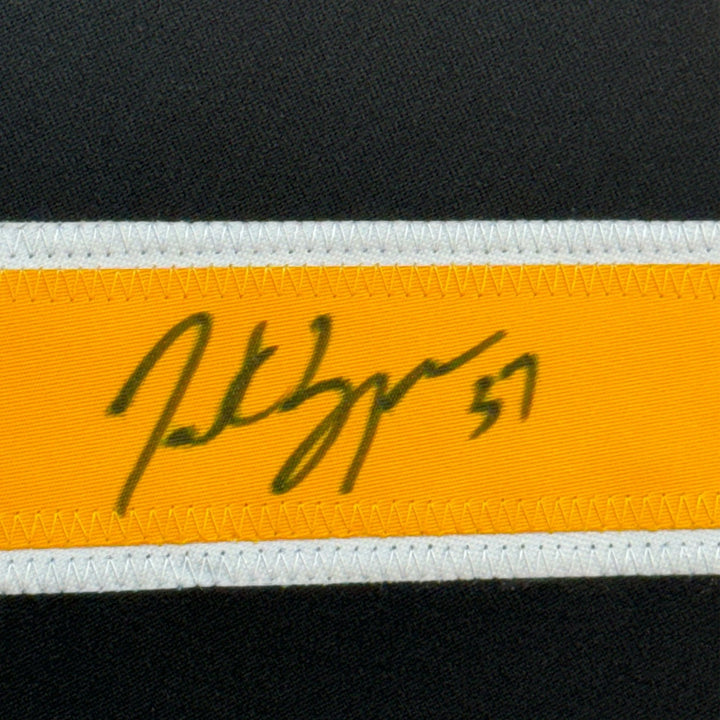 Framed Signed Patrice Bergeron 35x39 Boston Black Jersey PSA COA