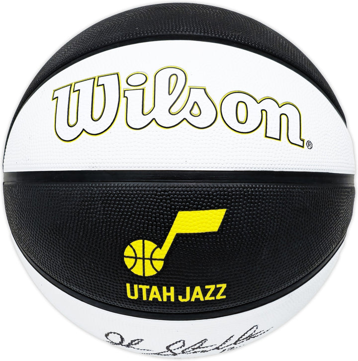 John Stockton Signed Black & White Team Tribute Jazz Logo Basketball Beckett Wit