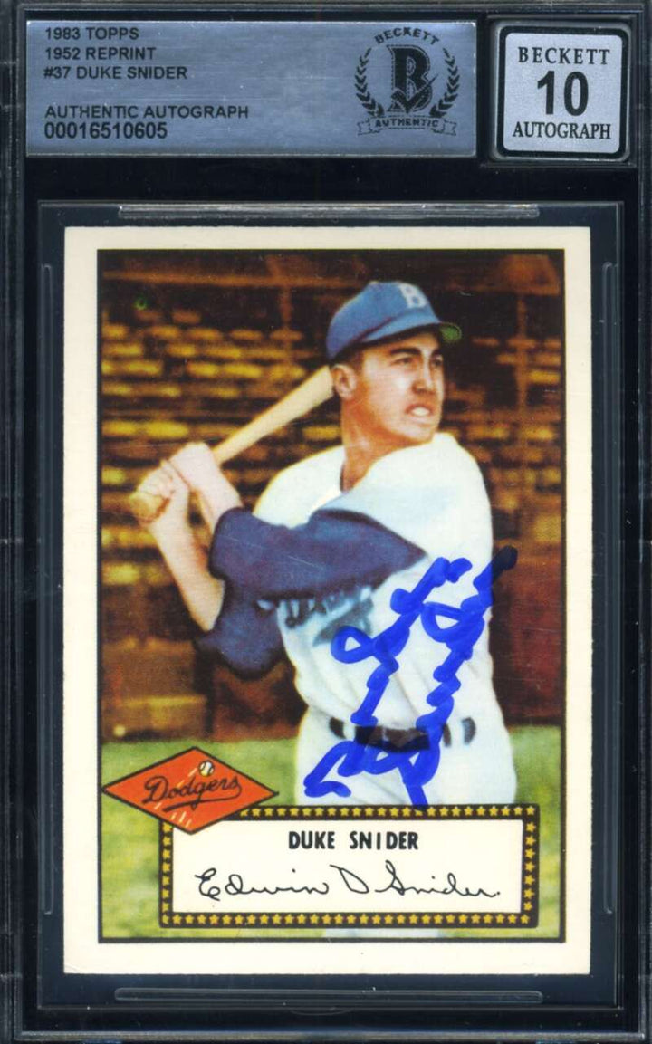 Duke Snider Gem Mint 10 Beckett BAS Signed 1952 Topps 1983 Reprint Autograph