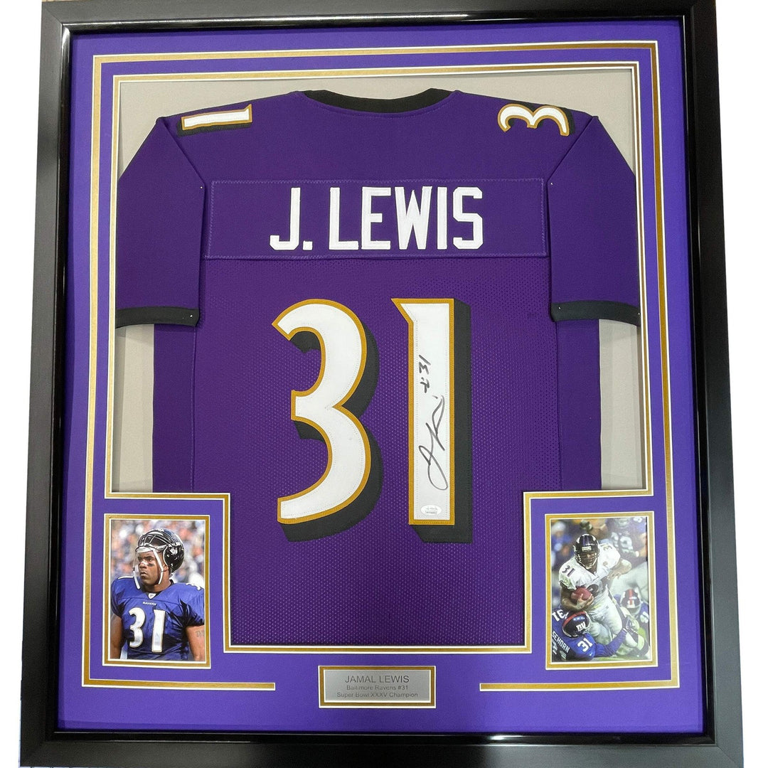 FRAMED Autographed/Signed JAMAL LEWIS 33x42 Baltimore Purple Jersey JSA COA Auto