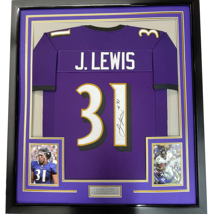 FRAMED Autographed/Signed JAMAL LEWIS 33x42 Baltimore Purple Jersey JSA COA Auto