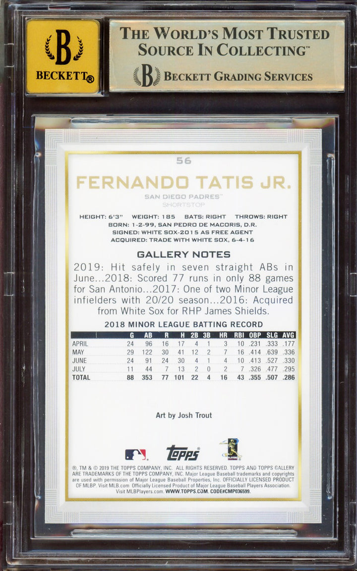 Fernando Tatis Jr Auto Signed 2019 Topps Gallery RC 56 BGS 9.5 Sig 10 Beckett