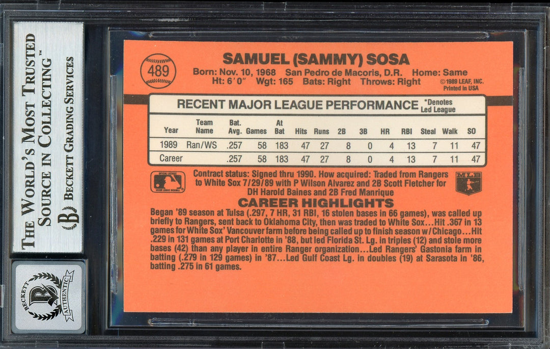 Sammy Sosa Signed 1990 Donruss RC #489 Chicago White Sox Auto GM 10 Beckett