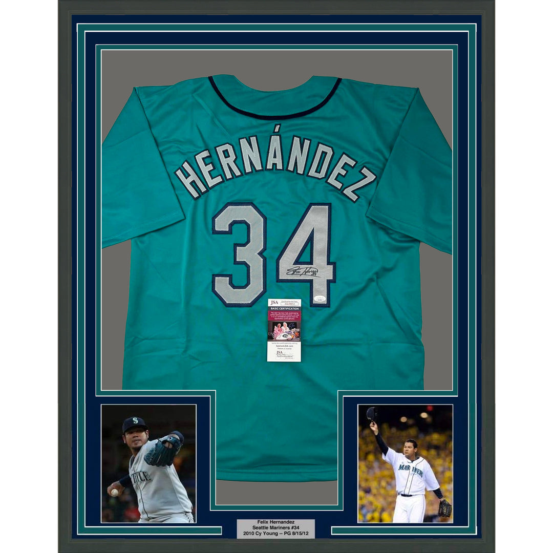 Framed Autographed/Signed Felix Hernandez 33x42 Seattle Teal Jersey JSA COA
