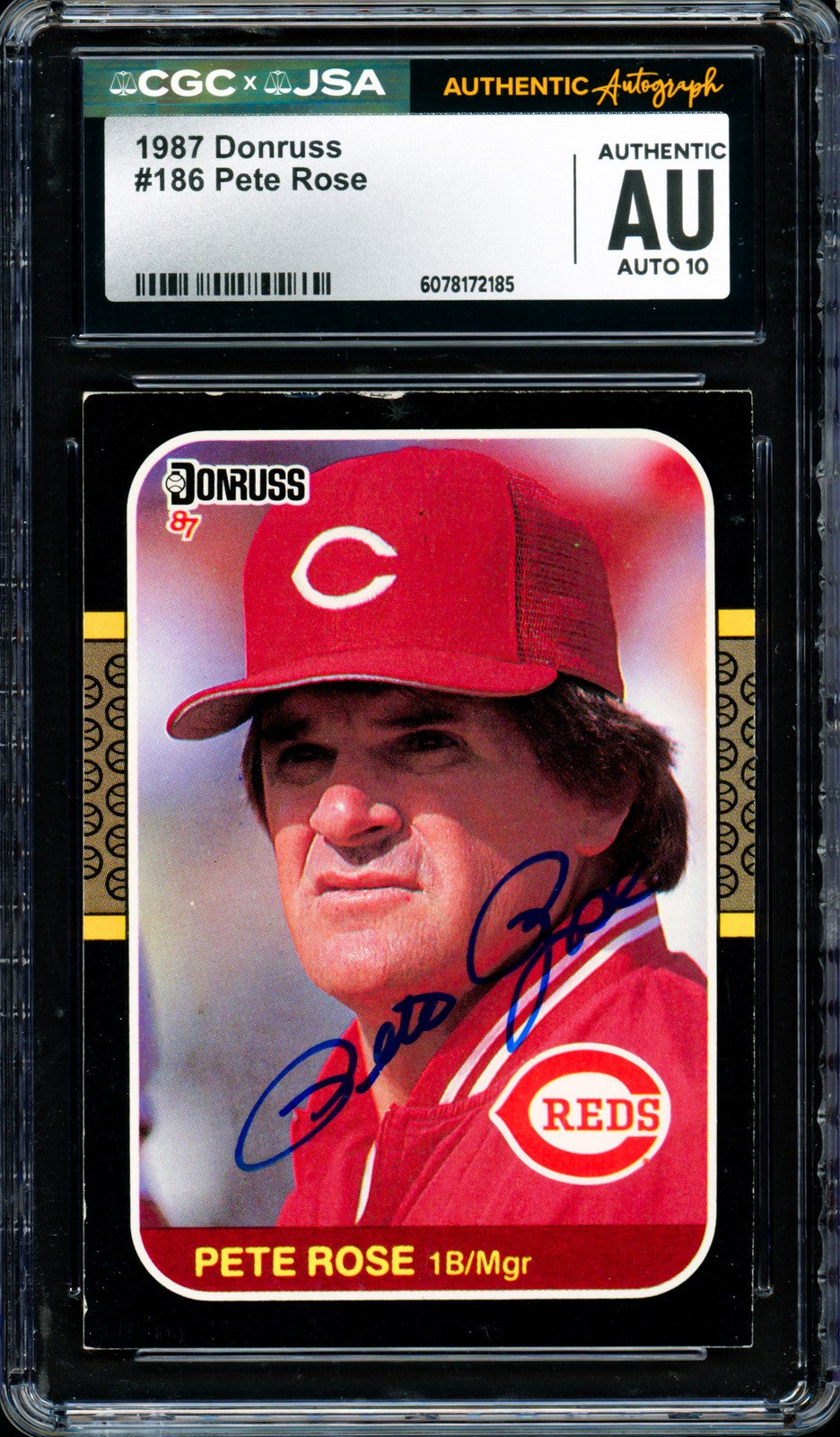Pete Rose Signed 1987 Donruss Card 186 Cincinnati Reds Auto GM 10 CGC x JSA
