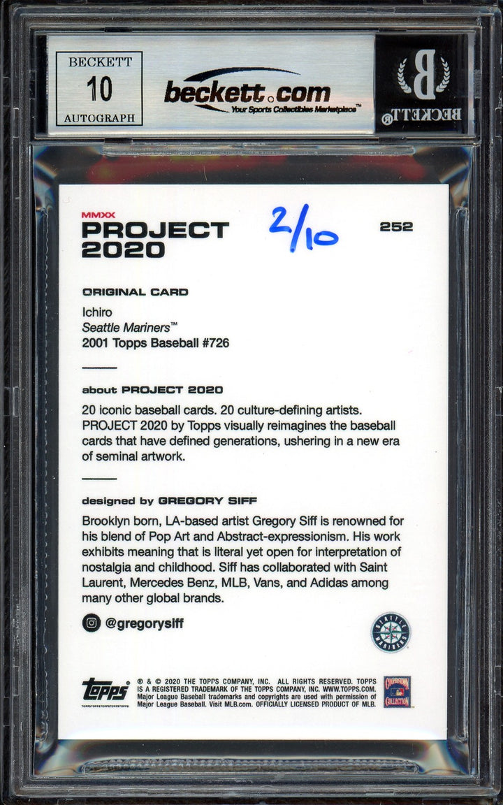 Ichiro Suzuki Auto Topps Project 2020 Gregory Siff Card 252 Sig 10 /10 BAS