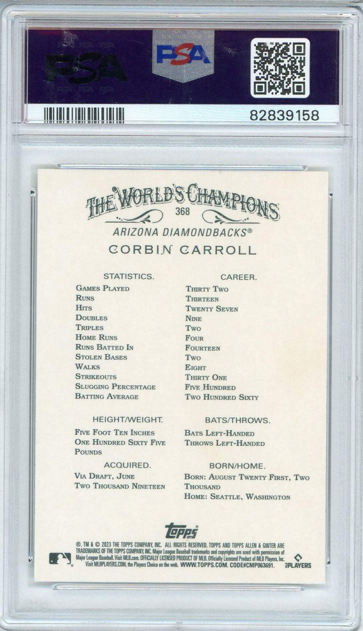 Graded 2023 Allen & Ginter Corbin Carroll #368 Rookie RC Baseball Card PSA 10
