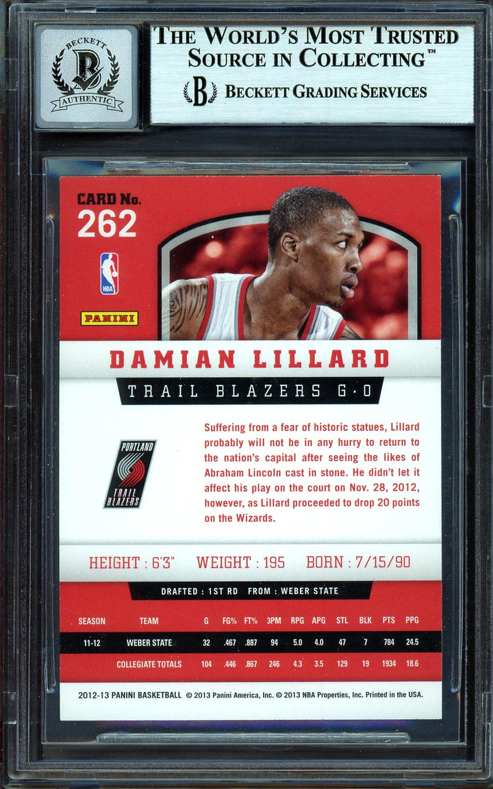 Damian Lillard Signed 2012-13 Panini RC 262 Trail Blazers Auto 10 Beckett